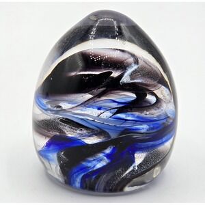 Vtg Paper Weight Egg Shape Clear Art Glass With Black Blue Multicolor 2" Mag 06